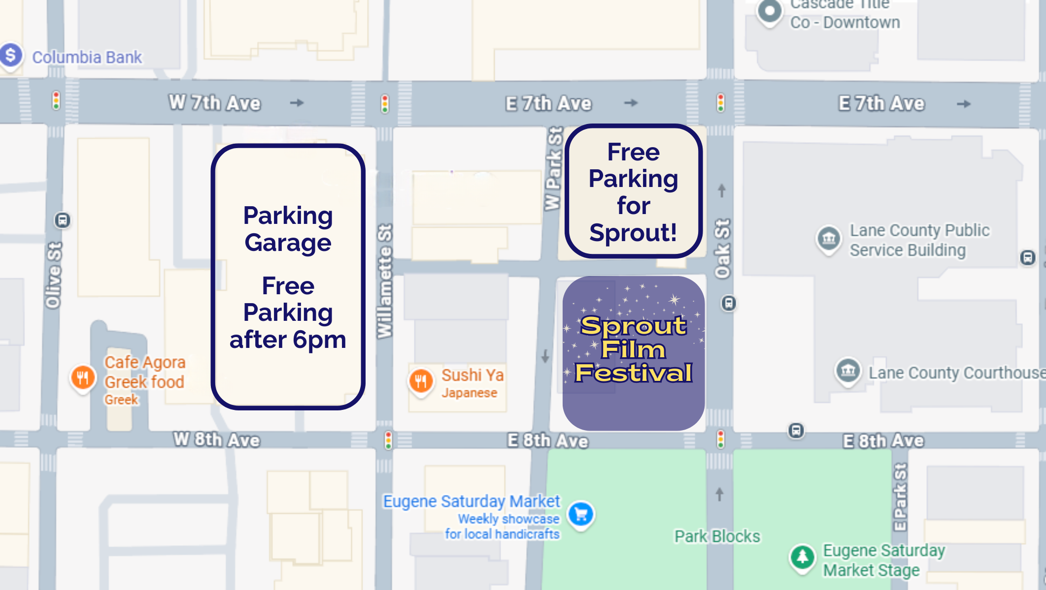 Free parking for Sprout in the Butterfly lot (750 Oak St). All metered spaces and parking garages are free after 6pm.